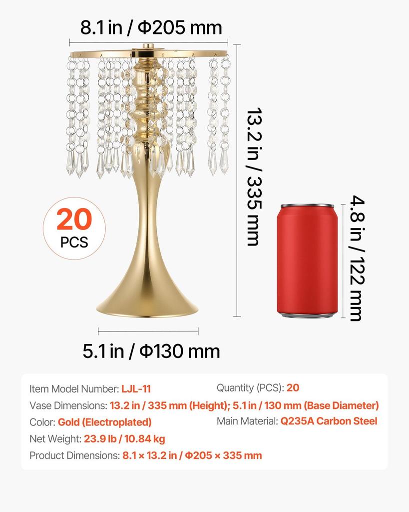 20 PCS Wedding Flower Vase, 33.5 cm Tall Flower Table Centerpieces, Crystal Banquet Vases Easy Installation, Electroplated Finish, Versatile