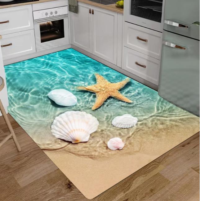 Beautiful Blue Beach Carpet with Seashell Starfish Living Room Office and Outdoor Use Beach Themed Home Decorative Carpet