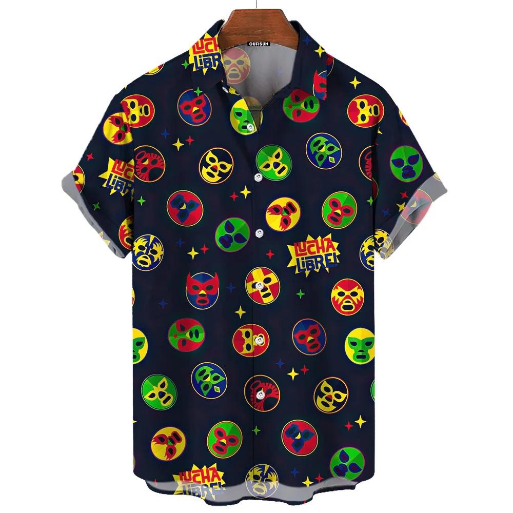 Camisa Vintage para Hombre 3D Lucha Libre Mexicana Estampada Ropa de Alta Calidad para Hombre Holgada Oversize Moda Casual Manga Corta