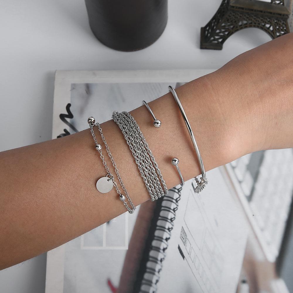 Simple Silver Smooth Fringed Bracelet Multi-Layer Chain Disc 4-Piece Bracelet Set