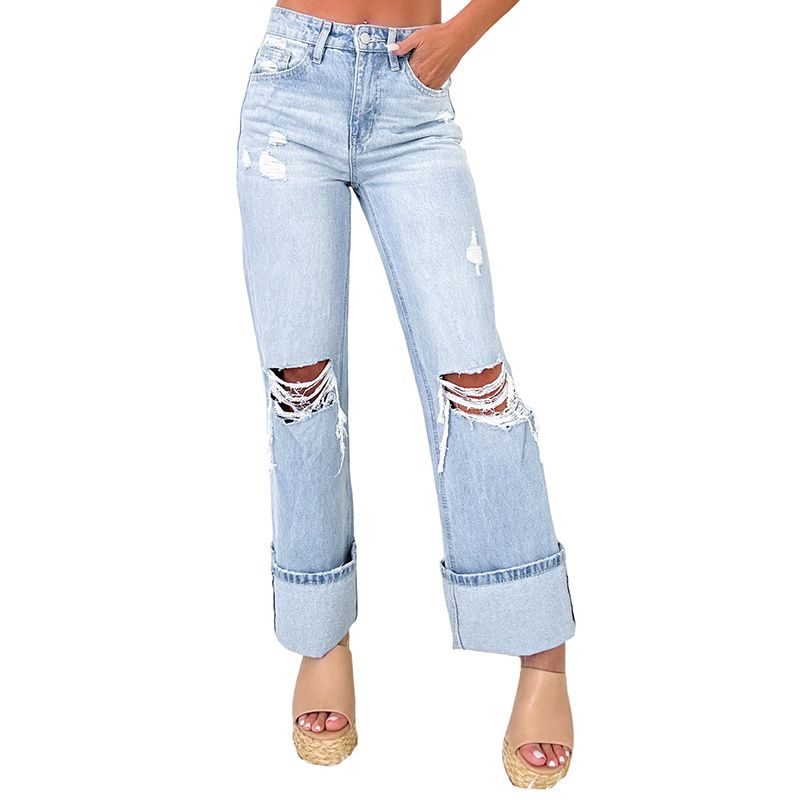 2025 Summer New All-Match Ripped High Waist Jeans Women European and American Fashion Slim Fit Slimming Straight Trousers Women