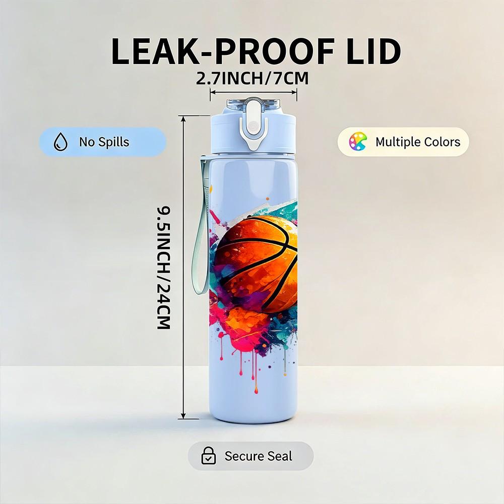 1PC Basketball Fire Splash Sport Print 750ml Color Plastic Sports Water Bottle Leakproof Flip Straw Lid Suitable for Sports Office Home Use