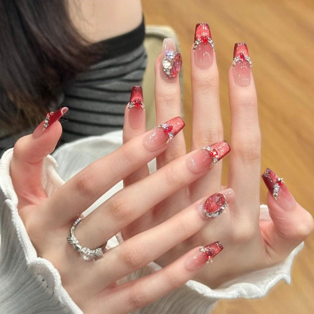 Super Flash Style: High-Class Aura Cat Eye Handmade Nail Tips for Young Ladies