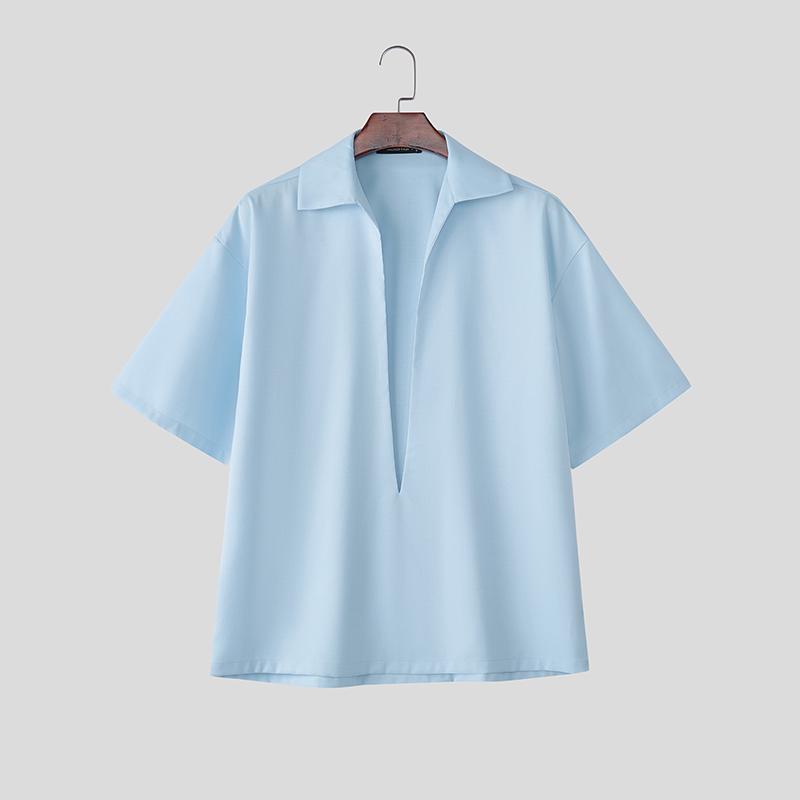 

INCERUN S-5XL Летние мужские повседневные рубашки с коротким рукавом и глубоким V-вырезом 5XL синий