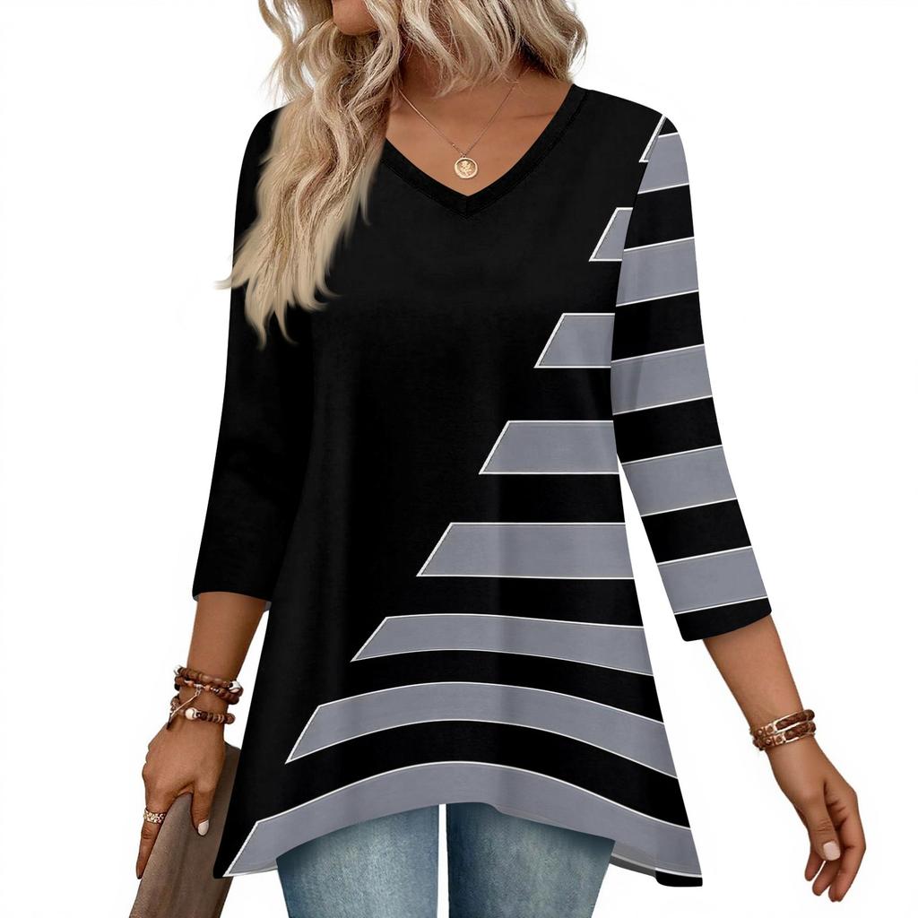 Dámské topy s výstřihem do V a 3/4 rukávem, ležérní košile střední délky, módní tuniky s potiskem