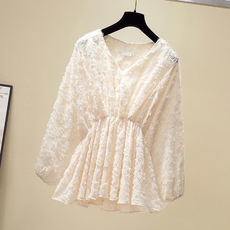 

Модные блузки с V-образным вырезом, присборенными кисточками и рукавами-фонариками, женская одежда, весна-осень, свободные корейские топы, милые рубашки XXXL абрикосовый