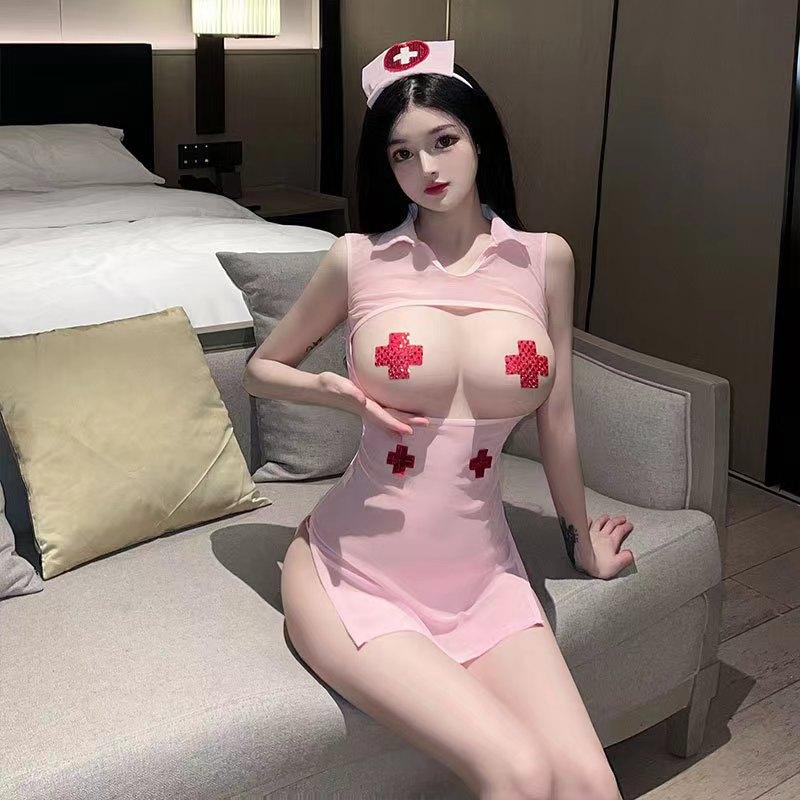 Sexy spodní prádlo Nurse Uniform Set Ženy Spodní prádlo Deep V Sexy Nurse Woman Cosplay Kostým Hollow Out Mini šaty Dámské oblečení