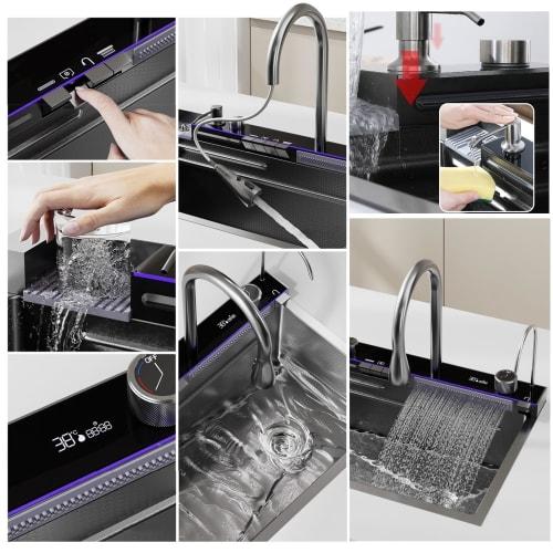 Black Nano Kitchen Sink, 304 Stainless Steel Waterfall Sink, Single Bowl Workstation Kitchen Sink with Multifunction Digital Display, Fly Rain, and Pu