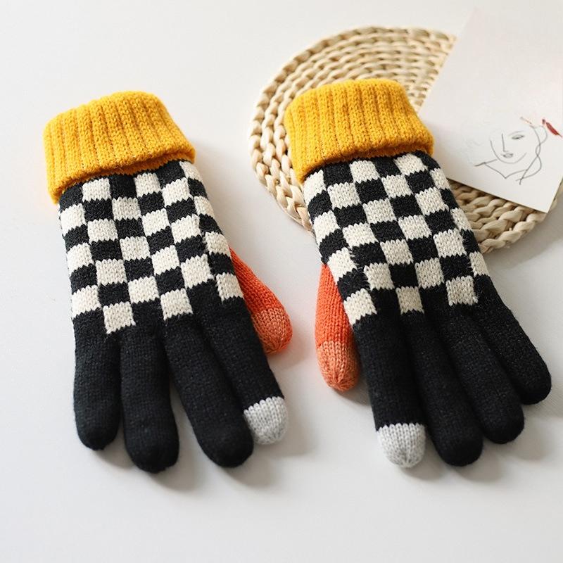 

Милые шерстяные перчатки для студентов, клетчатый узор, зимние, с плюшевой подкладкой и уплотнением для езды на велосипеде, для защиты от холода и сохранения тепла, с сенсорным экраном one size