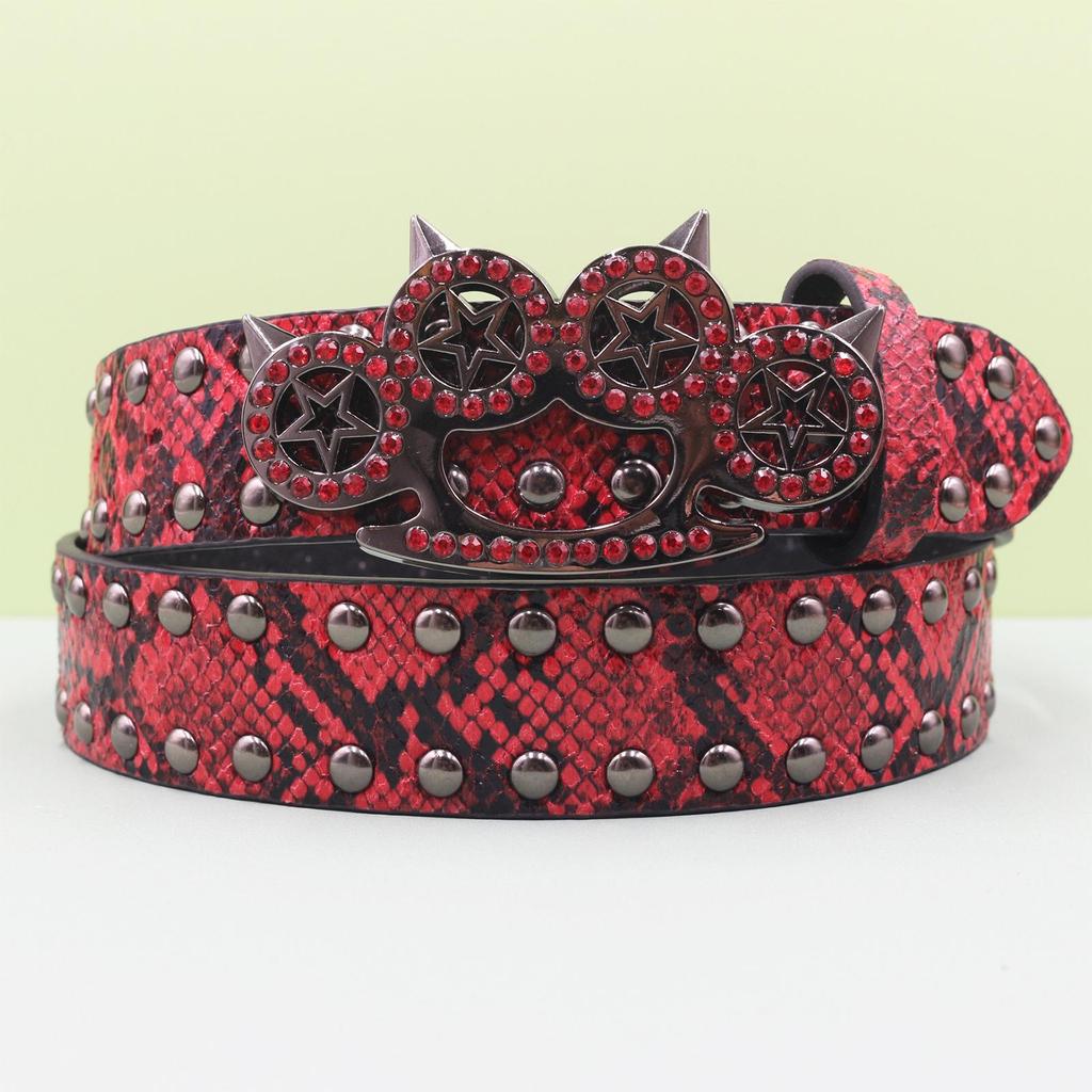 Rhinestone Tiger Claw Buckle Belt - Y2K Punk Rivet Women's Snake Skin Belt