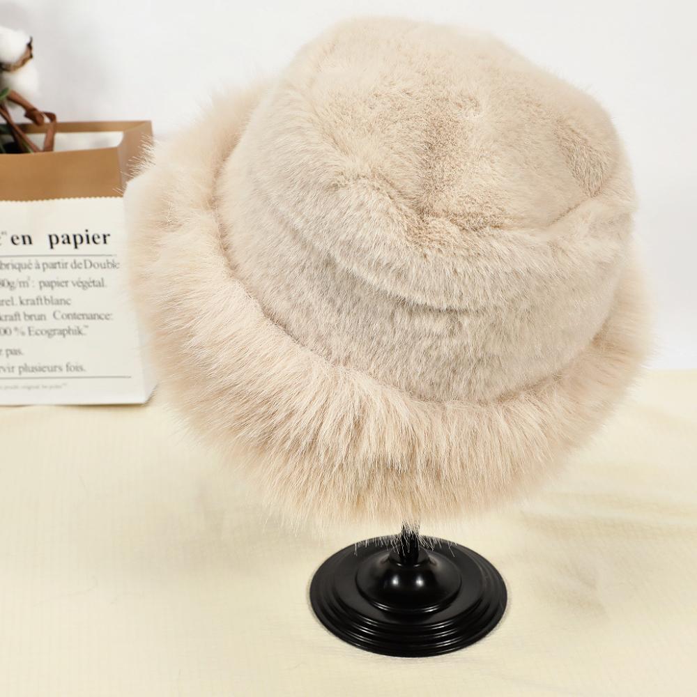 Fashion Big Faux Fur Fluffy Bucket Hat for Women Luxury Plush Winter Hat Thicken Snow Oversized Fur Bucket Hat Soft Panama Cap