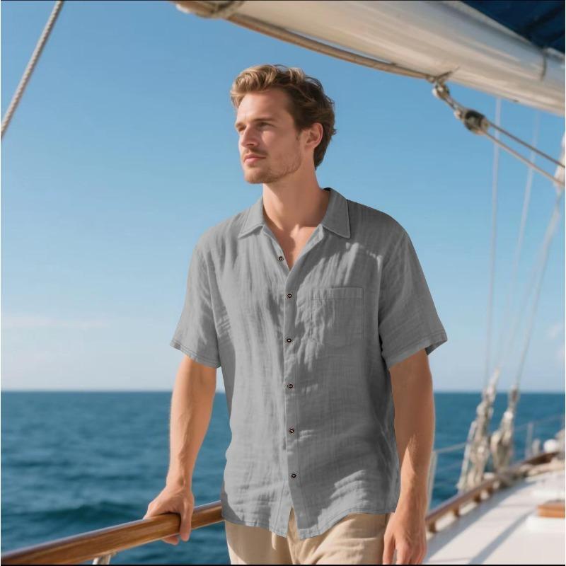 2026 Men s Linen Short-sleeved Shirt, Casual Breathable Button Shirt, Vacation Beach Summer Top with Pocket S