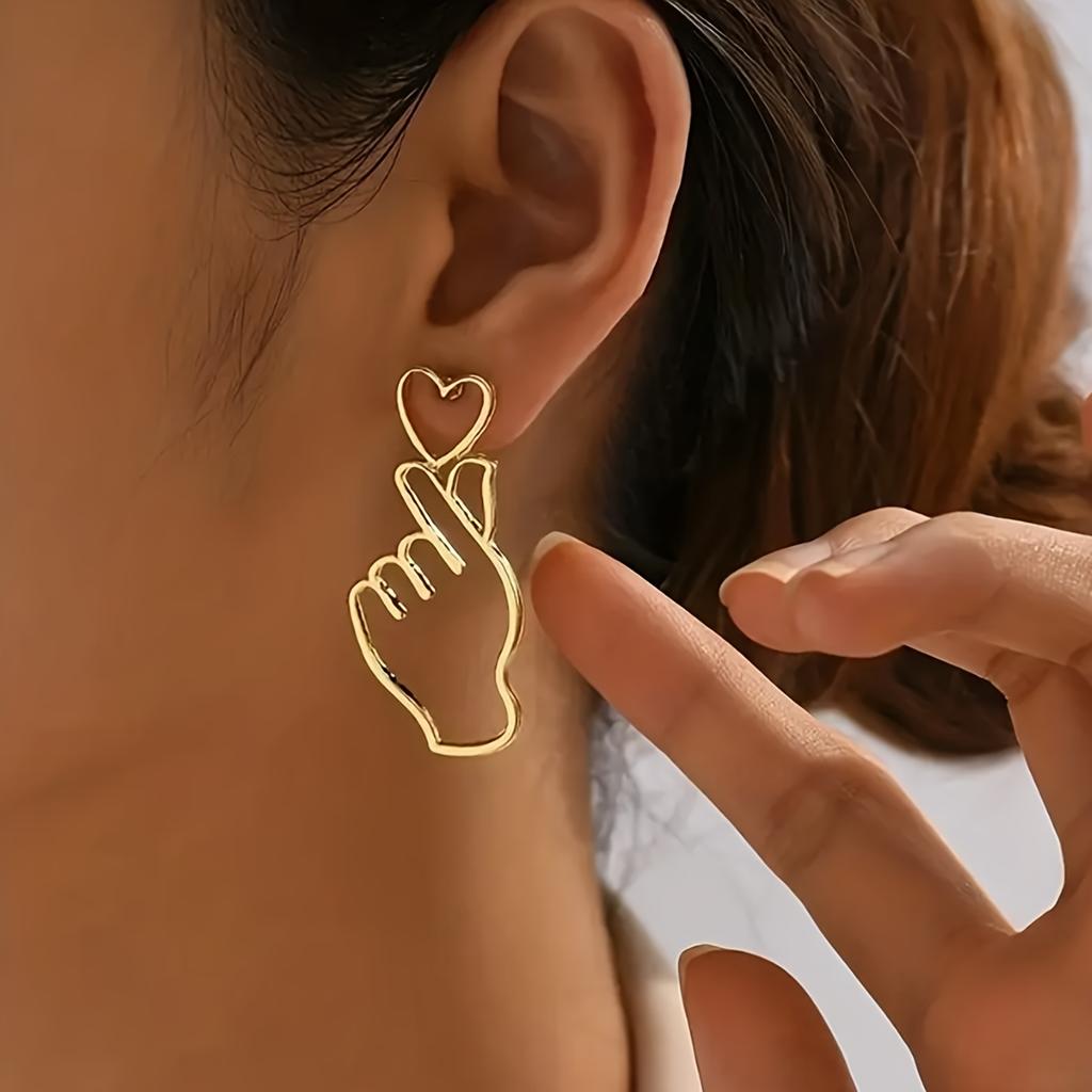 Women's Finger Heart Pendant Earrings - I Love You Gesture Jewelry, Simple Everyday and Valentine's Day Gift,  Elegant Earrings, Sweet Ear