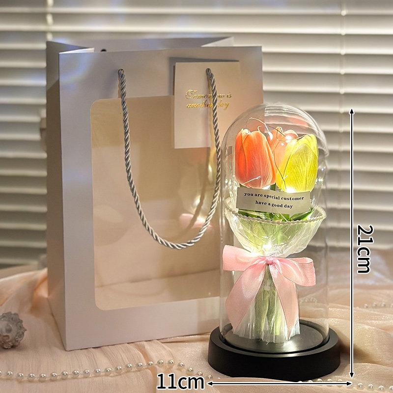 Artificial Flower Tulip Eternal Rose Flower LED Light Foil Flower in Glass Cover Simulation Tulip Flower Christmas Wedding Gifts