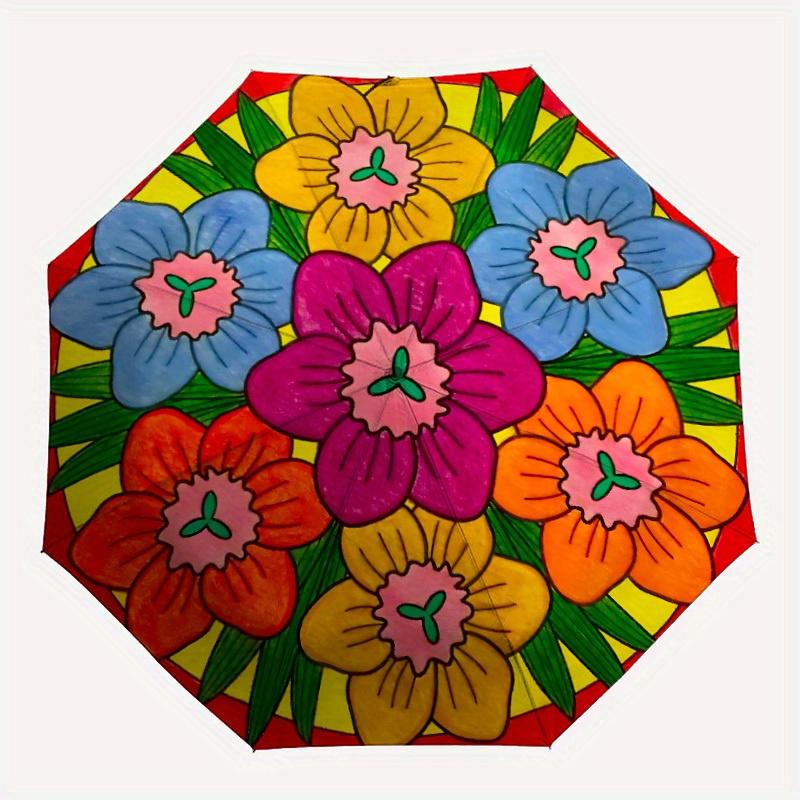 

1pc Floral Mandala Automatic Folding Umbrella - 8-Rib Iron Frame, Windproof, Portable Sunshade with Plastic Handle for Travel & Outdoor Acti