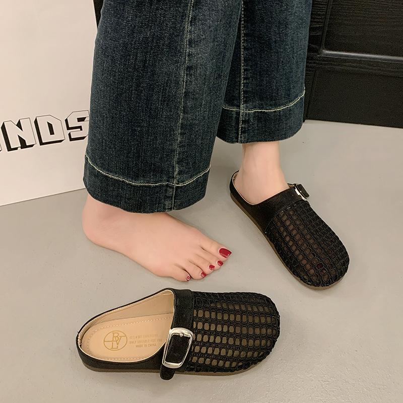 Baotou Half-slipper Women's Summer Shoes Flat-bottomed Fashionable Mesh Perforated One-foot Flip-flops