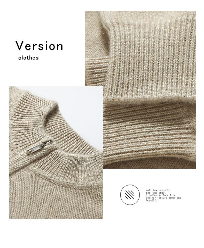 Men's Cashmere Knit Zipper Sweater - Solid Color, Loose Fit, Half-High Collar, Autumn/Winter Collection