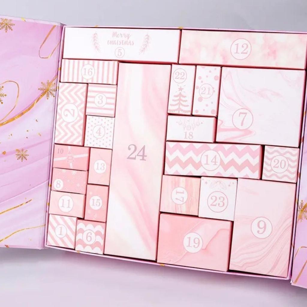 Weihnachts-Adventskalender mit 24 faltbaren rosa Geschenkboxen aus Karton – leerer Weihnachtskalender zum Befüllen der Adventskalender-Aufbewahrung