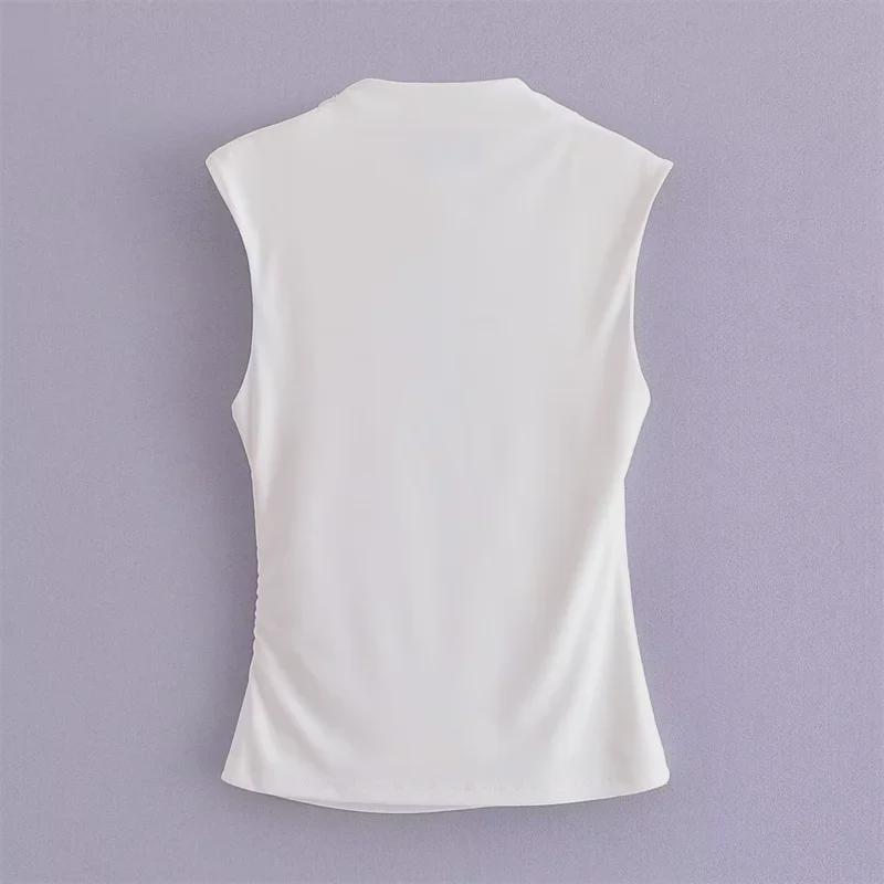 2023 Spring Women's European & American Pleated Sleeveless White Top