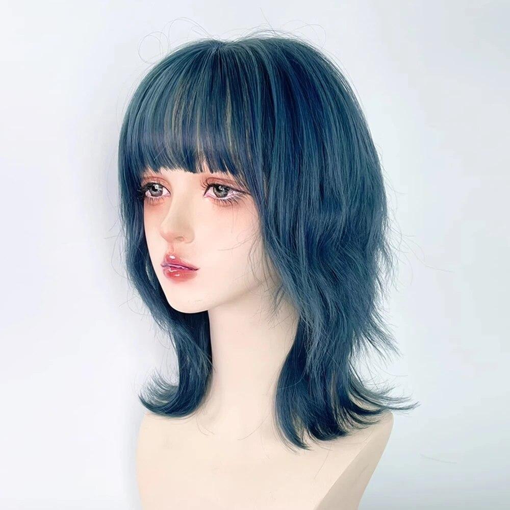 Blue Synthetic Mullet Head Wig with Bangs Short Straight Natural Anime Women Men Cosplay Hair Wig for Daily Party