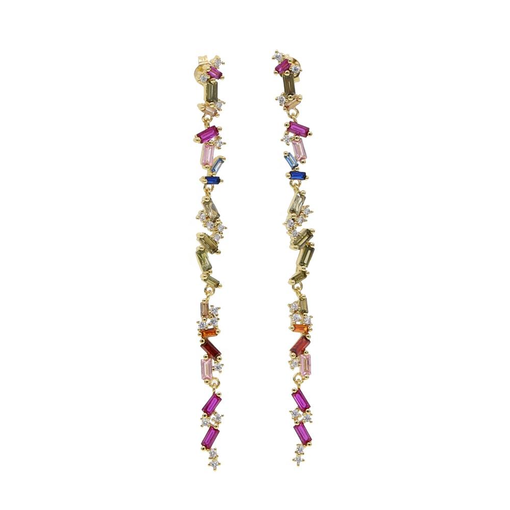 Rainbow Cz Dangle Earring Colorful Rectangle Cubic Zirconia Gold Plated Fashion Drop Earring