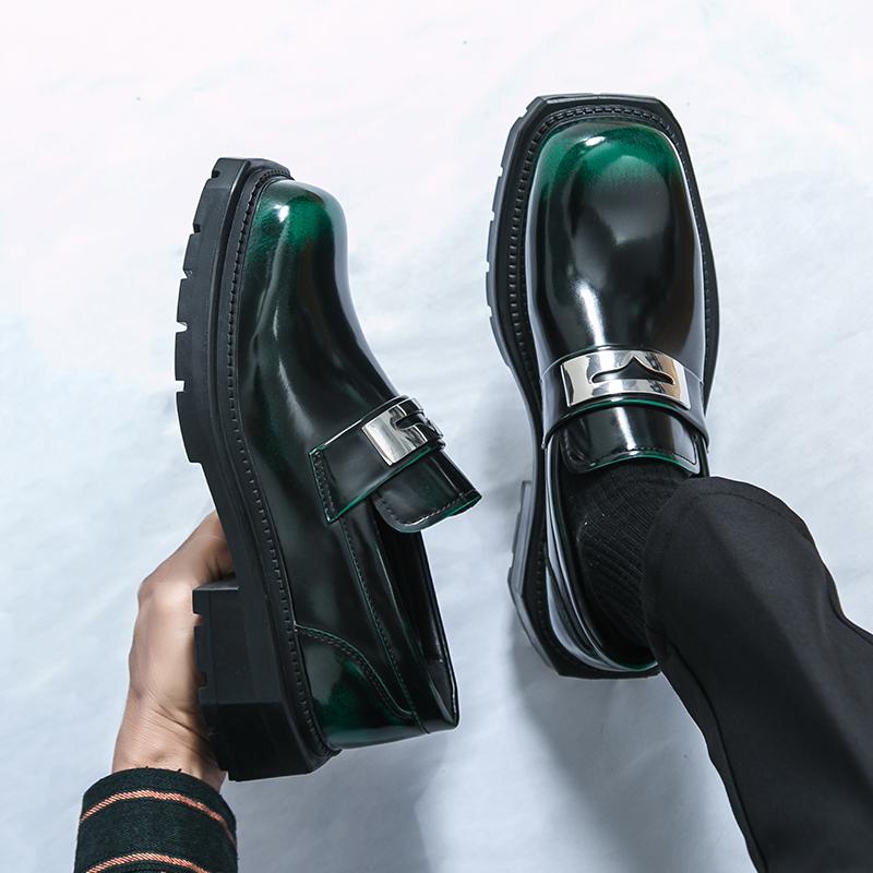 Fashion Spring New Green Thick Soled Loafers Metal Buckle Waterproof Platform Square Toe Business Casual Shoes Adult Men's Wedding Shoes