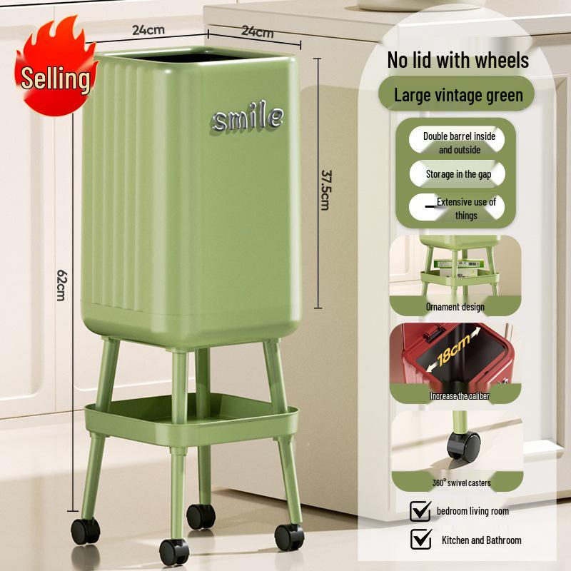 High-End Wheeled Trash Can with Lid: No-Bend, Press To Open, Light Luxury Design for Kitchen & Living Room