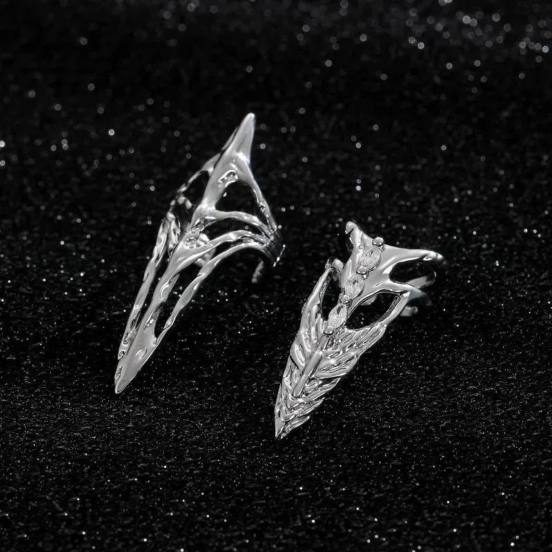 Gothic Armor Ring Silver Skeleton Nail Cover Unisex Metal Finger Shield Punk Rhinestone Decor Protective Jewelry for Women Men
