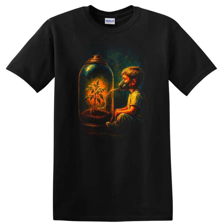 Child with Gas Mask T Shirt Protecting Plant in Jar Urban Streetwear Tee