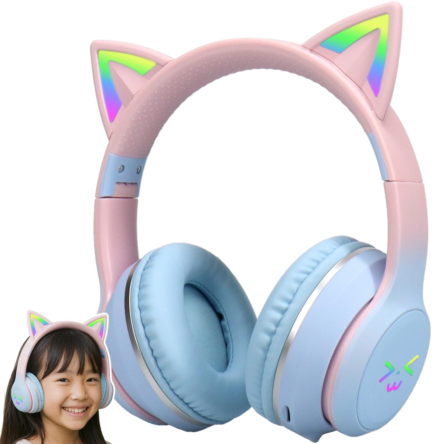 

[Yokotona] Дитячі бездротові Bluetooth навушники з вушками кота в синьому, світло-синьому та рожевому кольорах. Бездротовий Bluetooth 5.3 зі світлодіодними вогнями, Милий райдужний блискучий