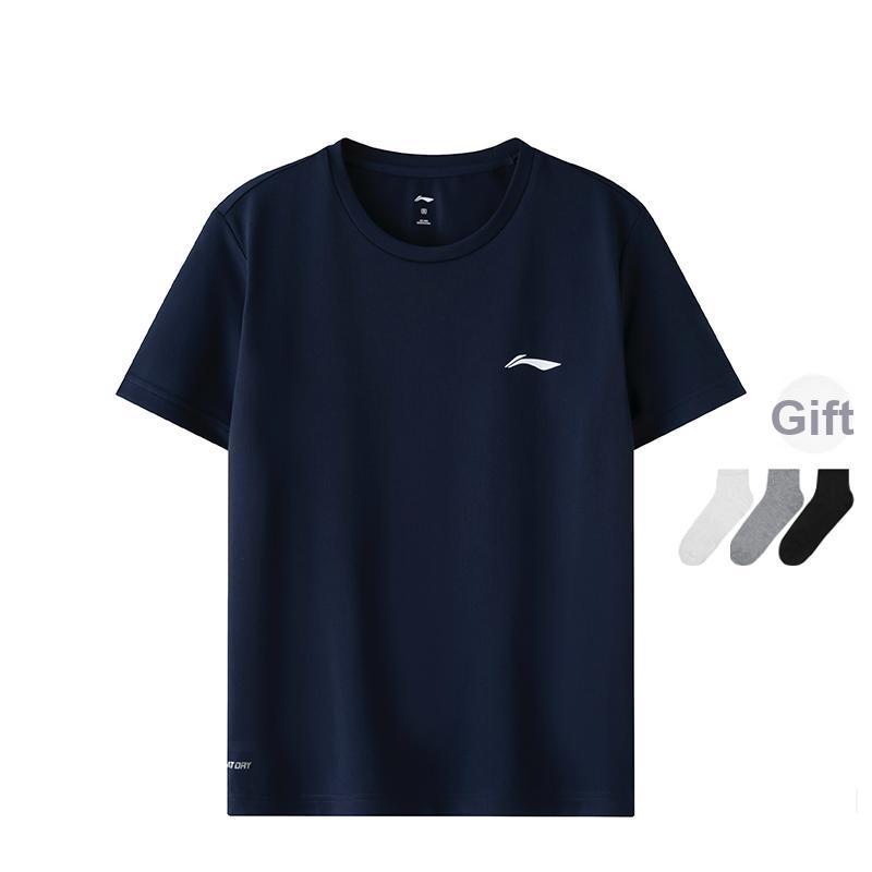 Li-Ning Solid Color Logo Round Neck Short Sleeve T-Shirt Men Tops Ink-Blue ATST641-3