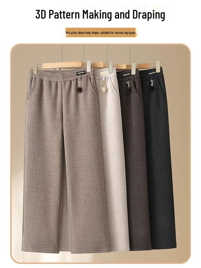 2025 Autumn/Winter Plus Velvet Thickened Elastic Waist Straight-Leg Casual Pants for Middle-Aged and Elderly Women