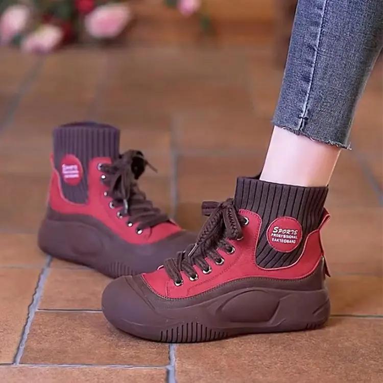 Fashion Women Boots Autumn/winter Lace Up Thick Soled High Elastic Short Boots Fashion High Top Comfort Non Slip Outdoor Shoes 2025