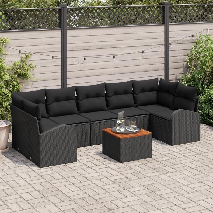 VidaXL Ensemble de canapé de jardin 8 pièces avec coussins noir poly rattan acacia 3347548