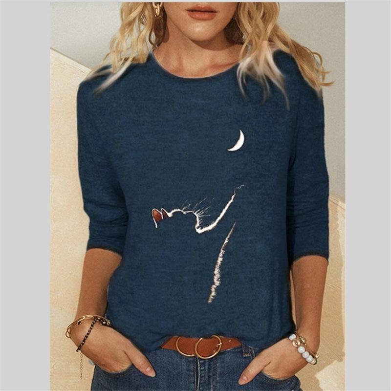 Women's Knitted Long Sleeve Animal Print Round Neck T-Shirt, European and American Style, 2023.