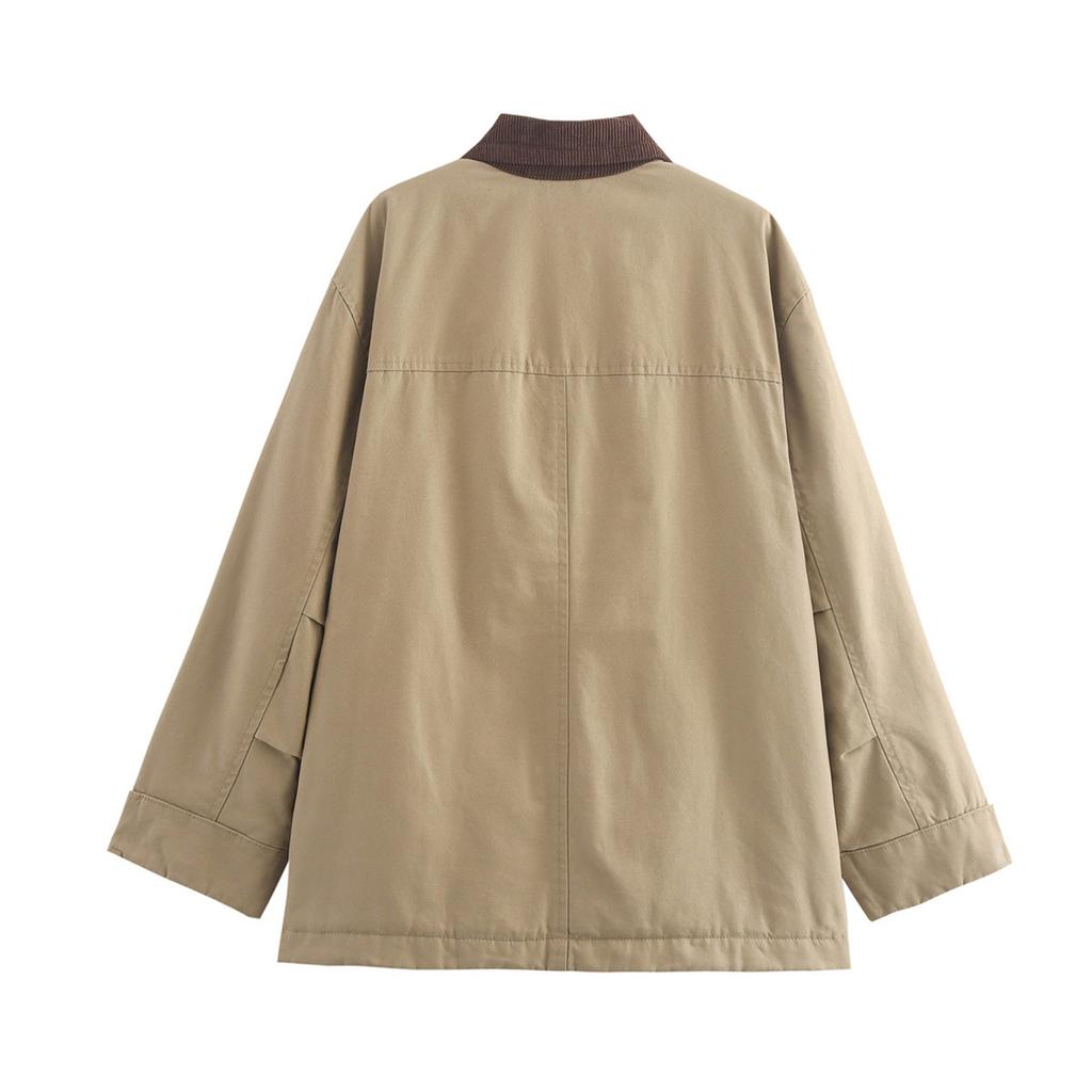 Women's Faux Suede Button Jacket Oversized Gathered Hem Short Length Coat Casual Vintage Outerwear With Pockets