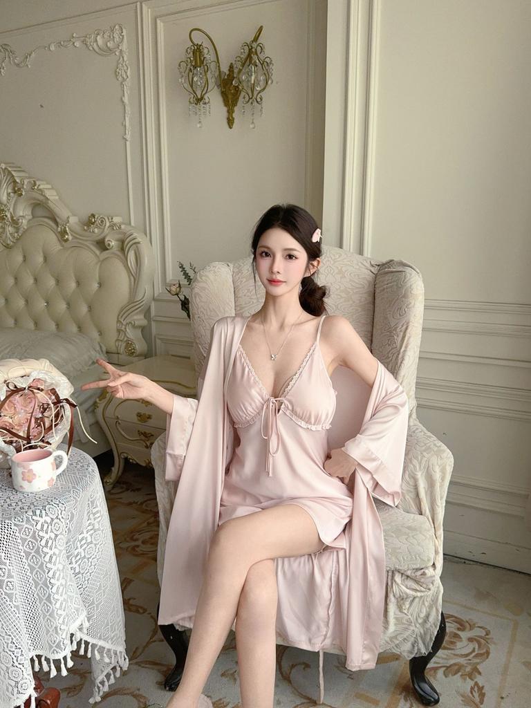 Summer sexy V-neck suspender shorts pajamas three-piece women's sweet ice silk cool loungewear ins style