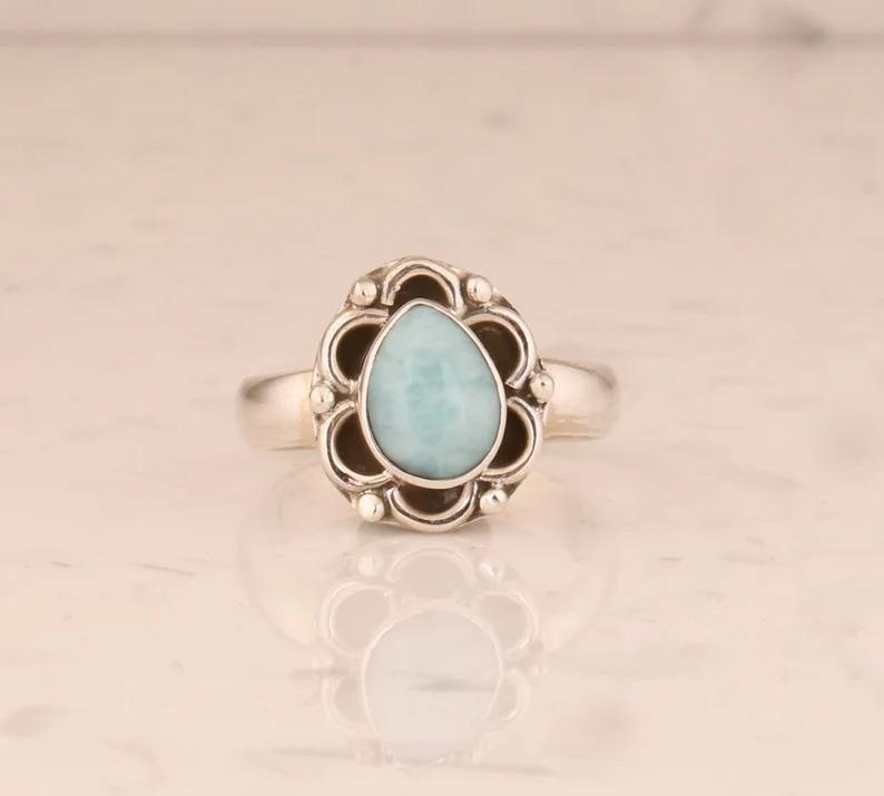 Natural Larimar Gemstone Ring, Birthstone Jewelry, Pear Ring, 925 Silver Ring, Handmade Designer Ring, Unique Gift, Wedding Ring