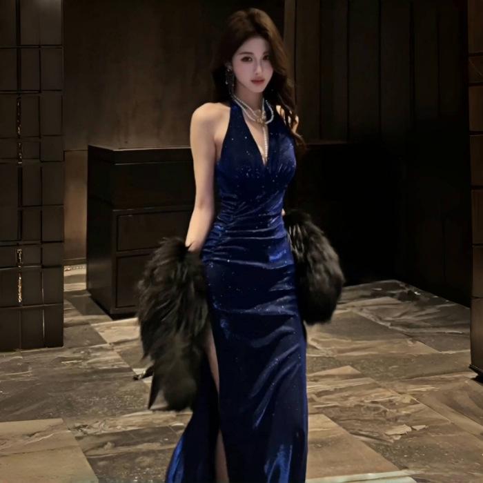 Синее Искрящееся Платье на День Рождения с Вырезом Халтер - Элегантное, Сексуальное и Модное Платье 2025 2XL синий