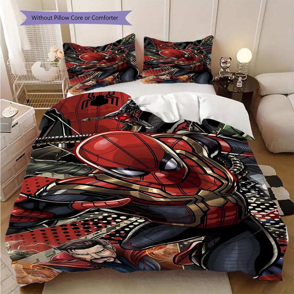 Superhero Series Spider-Man Cartoon Pattern Bedroom Three-piece Duvet Cover Bedding Set for Children.