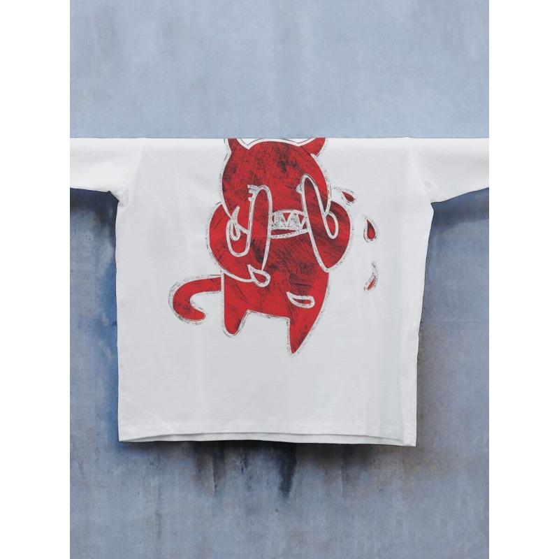 Europäische Größen Herren Lockeres Grafik-T-Shirt - Kräftiger Roter Teufel und Flammen-Print Street Style Kurzarm Rundhals Freizeit-Shirt