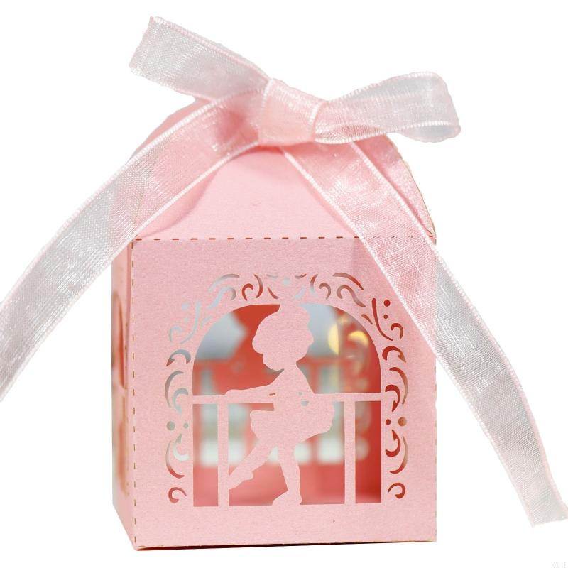 KX4B 100pcs Angel Dancing Pearl Paper Hollow Cut Favor Gift Candy Box Storage with Ribbon Decoration Baby Shower Wedding Party
