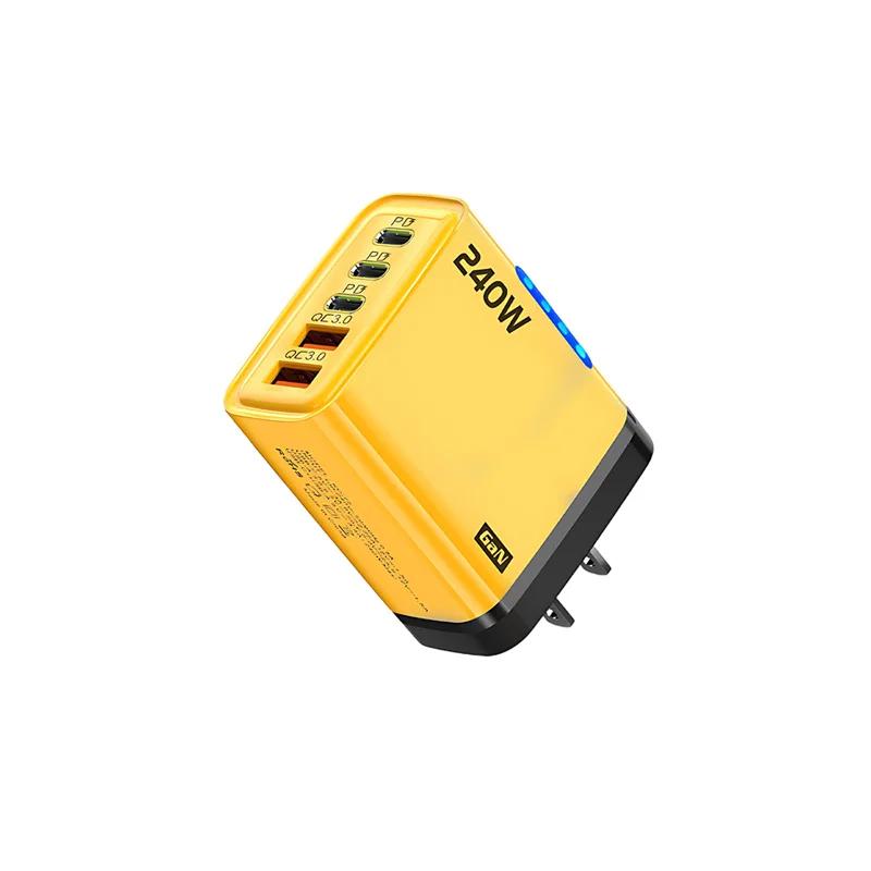 

240w GaN Charger Adapter 5 Port PD USB Fast Charger 10A Type C Super Fast Charge Cable LED Light Power Adapter For Laptop Phone US standard yellow