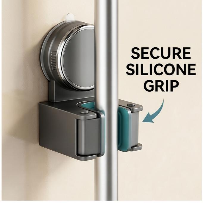 Premium Suction Cup Mop Broom Holder Strong Adsorption No Drill Detachable Wall Mount Bathroom Home Multi Storage Rack