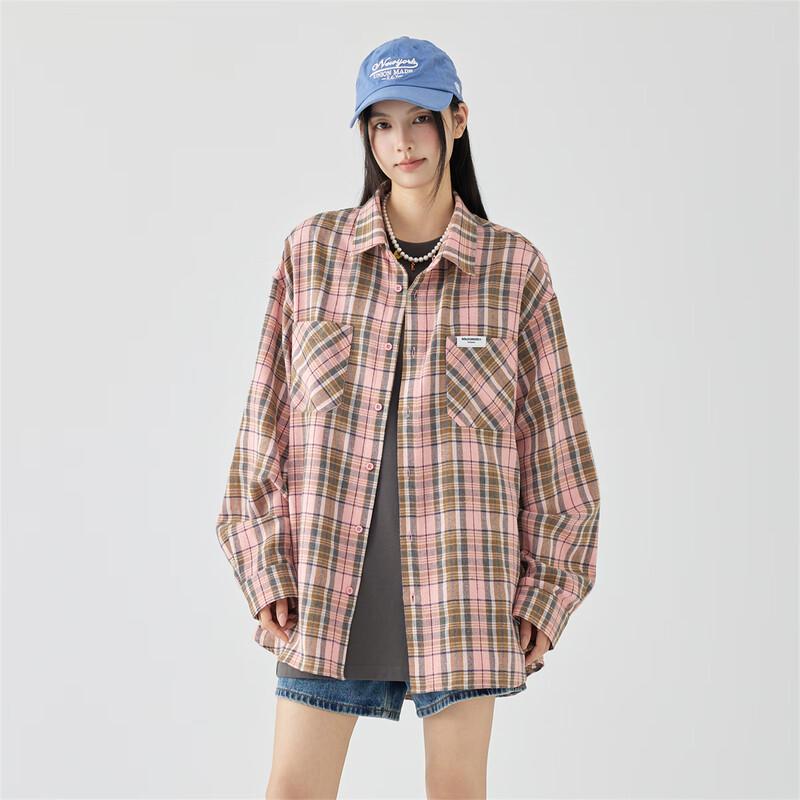 GOLFCROSS Unisex Contrast Plaid Long Sleeve Loose Shirt L