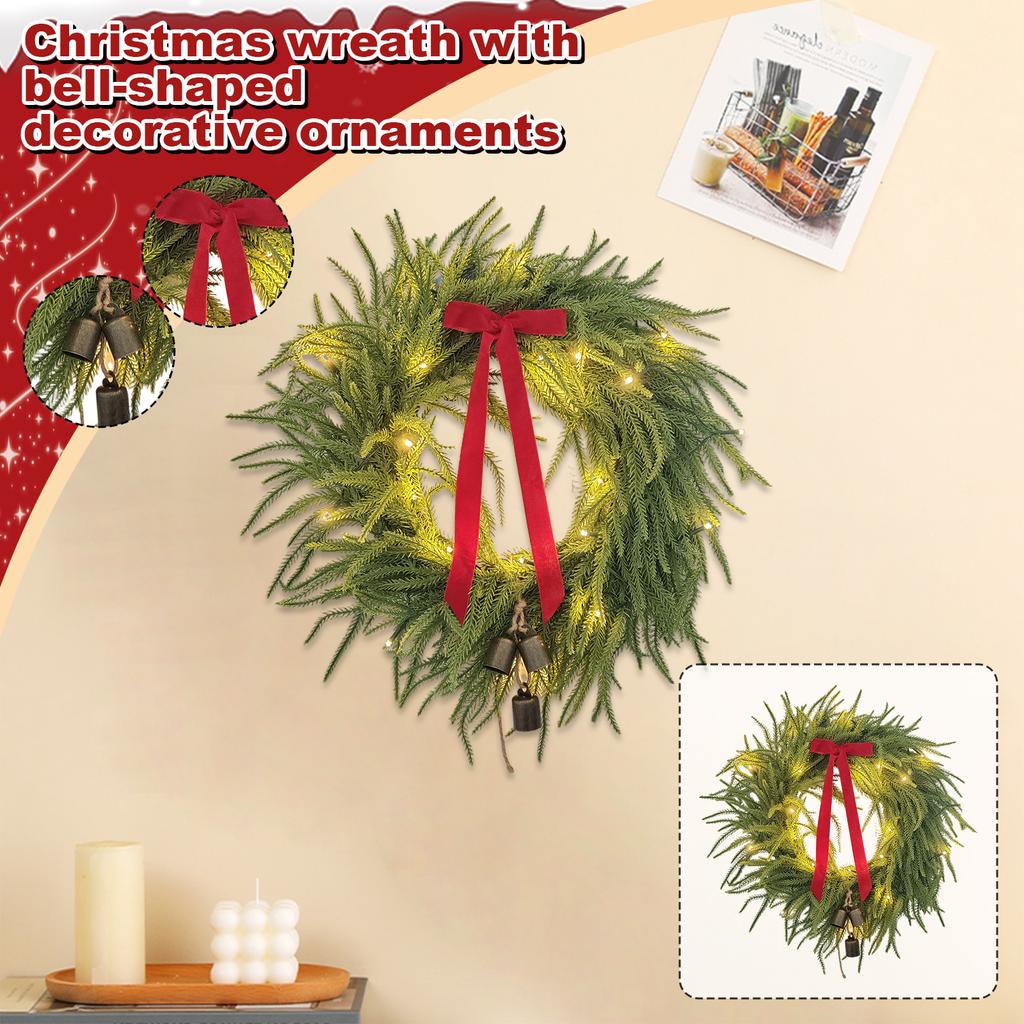 Artificial Pine Needle Wreath with LED Lights and Decorative Ribbon for Indoor Outdoor Holiday Display Home Wall Door Hanging