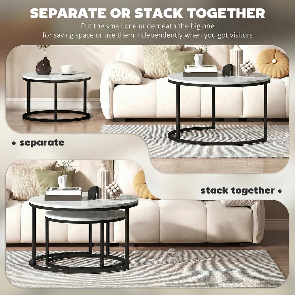 Set Of Two Marble Effect Stacking Tables White