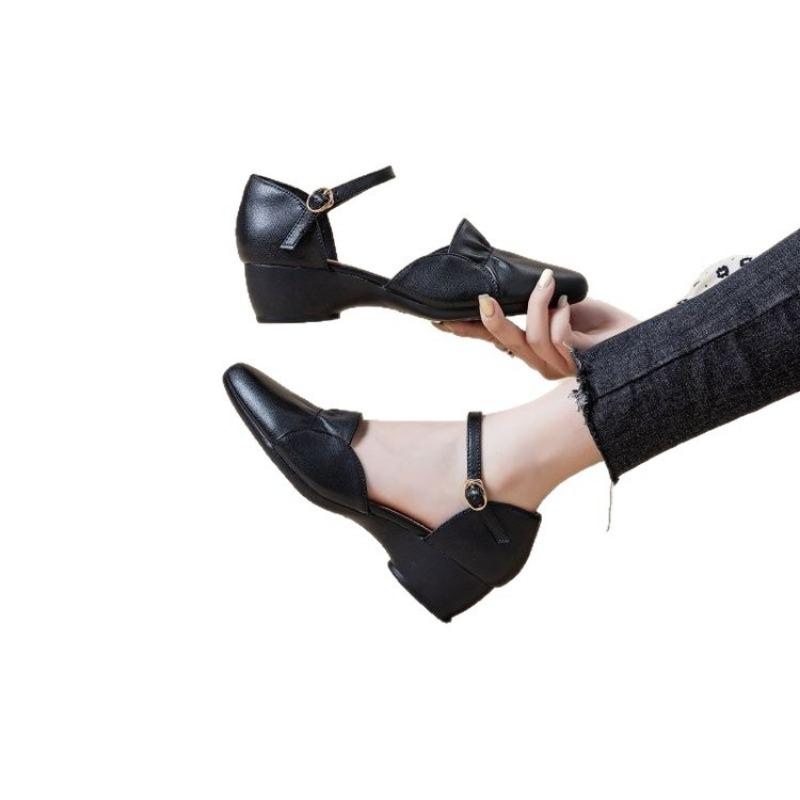 New Style of Coarse-heeled Soft Leather Shallow Toe Shoes, Versatile Soft-soled Mid-heel Women's Shoes