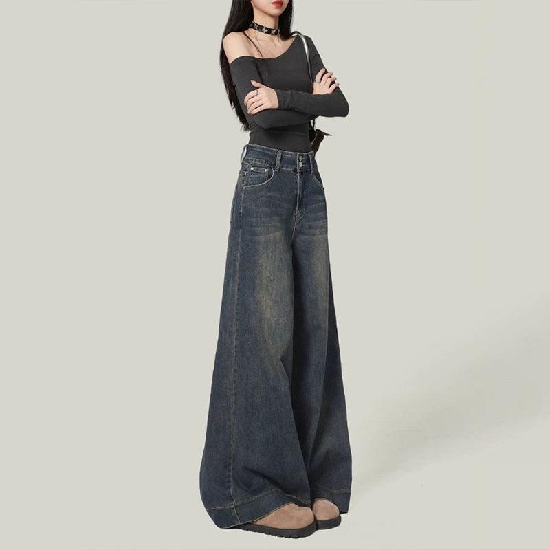 Women s Retro Blue High-Waisted Wide-Leg Jeans - Autumn Trendy Slimming and Draping Style S