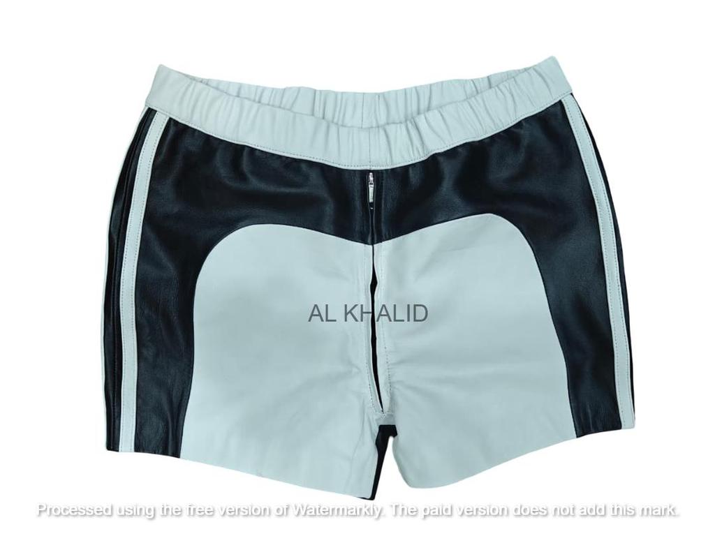 Pantalones Cortos Deportivos de Piel de Cordero Genuina Negro y Blanco 100% Hombre Gimnasio Pantalón de Cuero Boxer